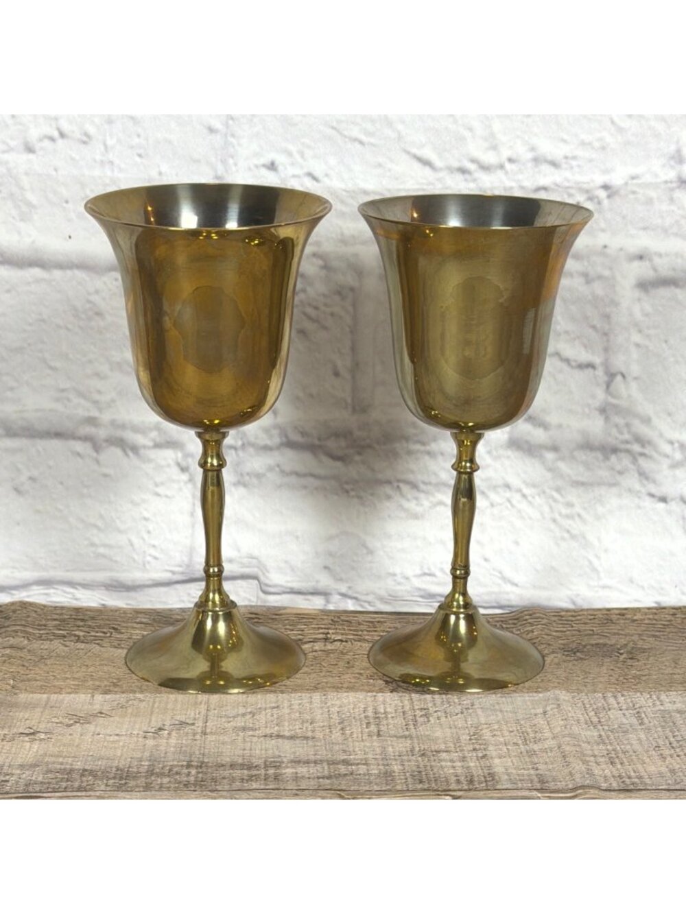 VTG 1970s Mixed Metal Brass & Silver Tone Pair Wine Goblets Set of 2 MCM Barware - Picture 4 of 11